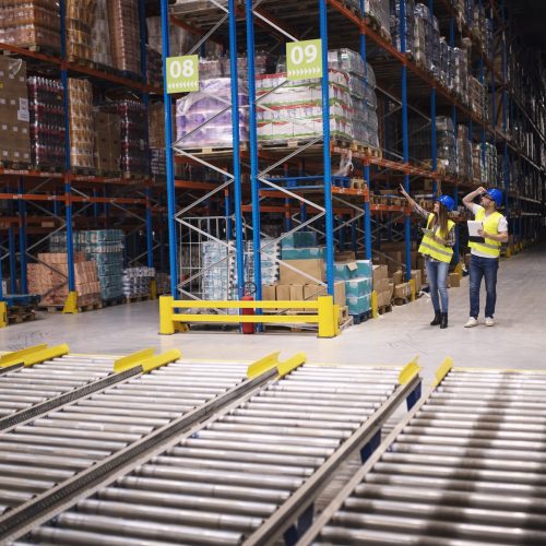 Warehouse workers checking inventory and goods distribution in large storehouse.